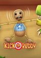 Buddy from "Kick The Buddy" looks comically distressed while being playfully restrained in a colorful game setting.