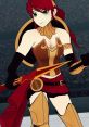 Pyrrha Nikos from RWBY in battle-ready pose, showcasing her iconic armor and determined expression.