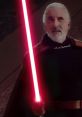 Count Dooku ignites his red lightsaber, exuding power and menace in a dramatic lightsaber duel scene.