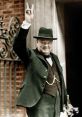 Winston Churchill showing a peace sign, dressed in a green suit and hat, outside a building, symbolizing hope and resilience.