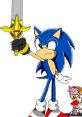 Sonic the Hedgehog, excited and aggressive, wields a sword, ready for battle with Amy in the background.