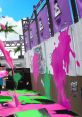 Colorful Splatoon-themed scene featuring vibrant pink and green ink splashes on a wall with tropical palm trees in the background.