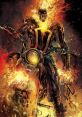 Ghost Rider in fiery transformation, wielding weapons and riding a motorcycle, embodying supernatural vengeance and power.