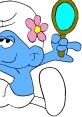 Vanity Smurf holding a mirror, showcasing its playful personality with a pink flower accent and a confident expression.