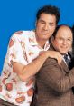 Kramer and George Costanza from *Seinfeld*, showcasing their iconic comedic friendship against a vibrant blue background.