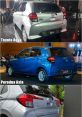 Toyota Agya and Perodua Axia showcased from rear angles, highlighting design features and branding at a launch event.