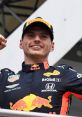 Max Verstappen celebrating victory in Red Bull Racing uniform, showcasing his winning smile and fist pump. F1 champion moment.