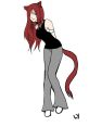 Anime character Cassidie with red hair and cat ears, wearing a black top and gray pants, posing playfully against a white background.