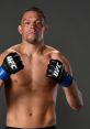 Nate Diaz, UFC fighter, showcasing fighting stance in black gloves on a neutral background, ready for competition.