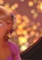 Rapunzel with flower-adorned hair gazes dreamily, surrounded by enchanting, glowing bokeh lights in a magical setting.