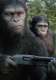 Two powerful apes from "Planet of the Apes," one holding a shotgun, showcasing their strength and intensity.