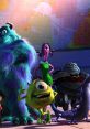 Colorful scene featuring iconic characters from Monsters, Inc., including Mike Wazowski and Sulley, with playful expressions.