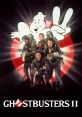 Ghostbusters II team poses heroically with proton packs, iconic ghost logo in the background, showcasing 80s movie nostalgia.