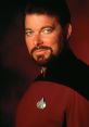 Jonathan Frakes as Commander Riker in Star Trek, showcasing iconic Starfleet uniform and distinct facial features.