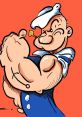 Popeye flexing muscles with a pipe, showcasing his iconic sailor look against a bold orange background.