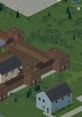 Fortified base in Project Zomboid with wooden walls, residential buildings, and farming areas in a zombie survival setting.