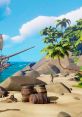 Tropical beach in Sea of Thieves with barrels, rocks, palm trees, and a distant ship on the ocean, perfect for treasure hunting.