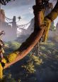 Aloy navigating a lush forest in Horizon Zero Dawn, showcasing vibrant foliage and stunning mountainous backdrop.