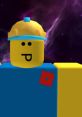 Cartoon character resembling a noob in Roblox, wearing a yellow hard hat and blue shirt, against a cosmic background.