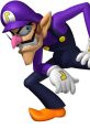 Waluigi in a mischievous pose, showcasing his purple outfit and iconic orange shoes, ready for action.