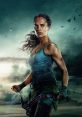 Lara Croft stands determined, armed and ready for adventure in a dramatic, stormy setting.