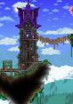 Stunning Terraria tower build featuring purple accents, surrounded by clouds and lush greenery on a floating island.