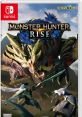 Cover art for Monster Hunter Rise featuring fierce monsters and hunters in an epic battle on Nintendo Switch.