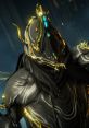 Stylized Warframe character showcasing intricate gold and blue armor details, emphasizing the game's unique aesthetics.