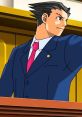 Phoenix Wright in a courtroom, confidently gesturing while defending a client in Ace Attorney. Intense legal battle moment.