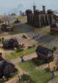 Medieval scene in Age of Empires IV, showcasing a bustling village with castles, villagers, and farming landscape.