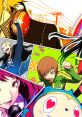 Colorful characters from Persona 4 featuring teamwork and vibrant expressions, highlighting the game's unique art style.