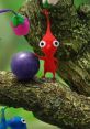 Red Pikmin interacting with a purple fruit on a tree branch in Pikmin 2's vibrant forest setting.