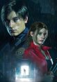 Leon and Claire, iconic characters from Resident Evil 2, face a mysterious figure in a dark, rain-soaked setting.