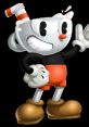 Cuphead character with a mischievous grin, sporting a straw hat, red shorts, and large shoes. Iconic video game design.