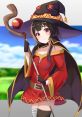 Megumin, the explosive mage from Konosuba, showcasing her iconic outfit and staff against a scenic background.