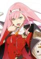 Zero Two, a pink-haired character in a red outfit, poses confidently with a playful expression and striking blue eyes.