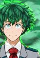 Deku smiles confidently, showcasing his signature green hair and determined expression against a vibrant green background.