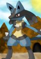 Lucario stands confidently in a vibrant landscape, showcasing its unique blue and black design against a sunny backdrop.