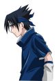 Uchiha Sasuke in a blue outfit, side profile, featuring iconic spiky hair and forehead protector, displaying his serious demeanor.