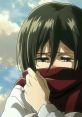 Mikasa Ackerman with a sad expression, wrapped in a red scarf, embodying resilience and emotion against a cloudy backdrop.