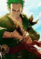 Zoro with green hair, wielding a sword, showcasing his fierce expression and samurai spirit in a dynamic pose.