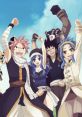 Natsu, Gray, Erza, Wendy, and Gajeel from Fairy Tail celebrate together, showcasing friendship and determination in their adventure.