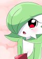 Cute Gardevoir character featuring green hair and a playful expression against a soft pink background.