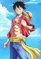 Luffy, the adventurous pirate with a straw hat, smiles confidently against a vibrant ocean backdrop.