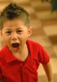 Young boy in a red shirt expressing intense anger, shouting loudly in a playful, lively environment.