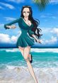 Nico Robin joyfully runs along the beach in a stylish teal dress, with waves and palm trees in the backdrop.