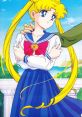 Usagi Tsukino in a school uniform, with long blonde hair, expresses a thoughtful pose against a scenic backdrop.