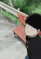 Shigeo Kageyama from Mob Psycho 100 looking contemplative near a park bench, surrounded by greenery.