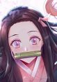 Nezuko Kamado with a bamboo tongue guard, vibrant eyes, and traditional attire surrounded by cherry blossoms.