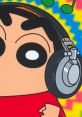 Shinchan wearing headphones, enjoying music amidst a vibrant, colorful background with musical notes.